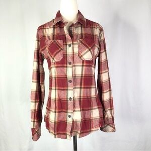 EMS plaid flannel shirt button down slim fit thick soft cotton red cream XS